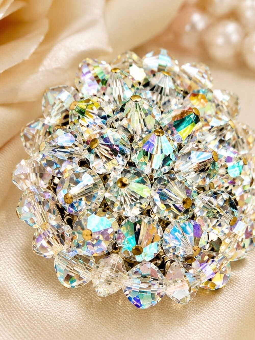 Vintage AB Crystal Beaded Dome Brooch Pin Clear Glass Aurora Borealis Silver